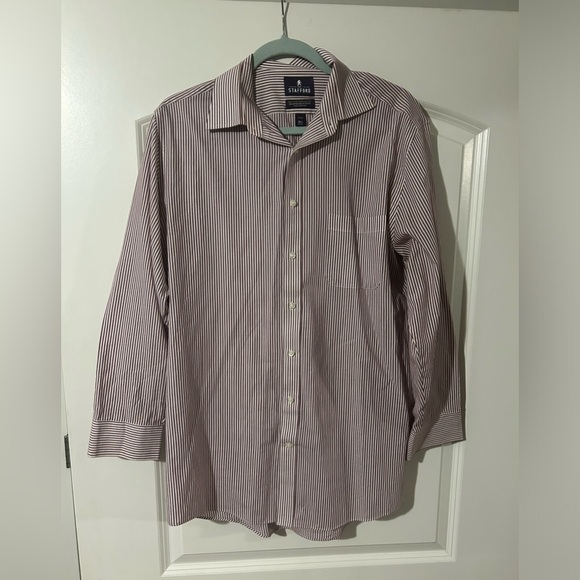 Men’s Stafford Maroon  and White Striped Button down size 16 1/2 - Picture 2 of 4